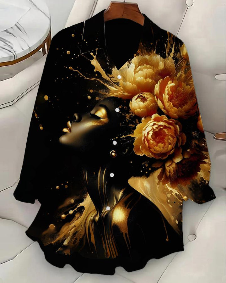 Women's Gorgeous Golden Flowers Black Woman Shirts