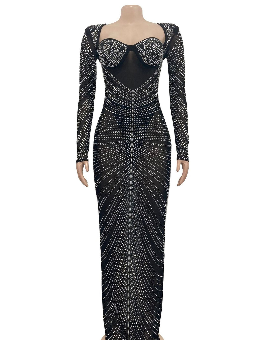 Women's Fashion Sexy Hot Diamond Mesh See-Through Party Long Sleeve Long Dress