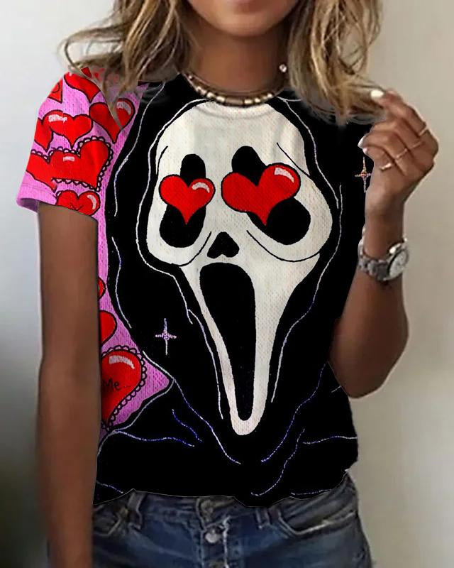 Halloween Fall In Love Skull Print Crew Neck Short Sleeve Shirt