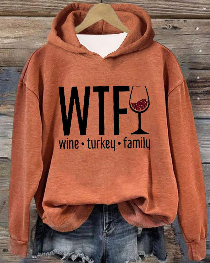 Women's Thanksgiving Wine Turkey Family Print Long Sleeve Hoodie With Pocket