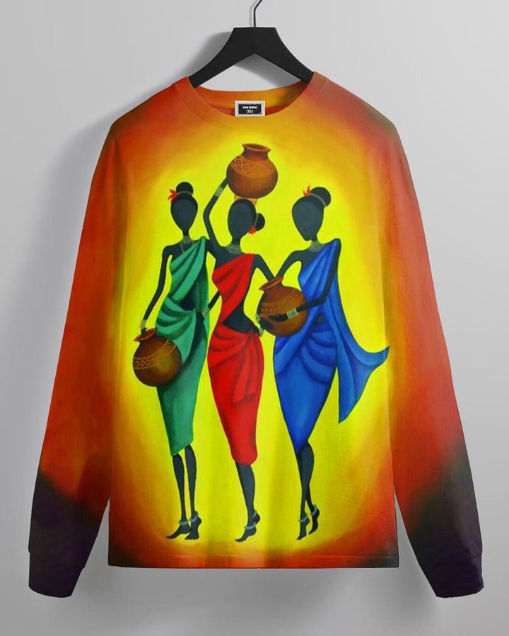 Vintage African Oil Painting Crew Neck Long Sleeve T-shirt