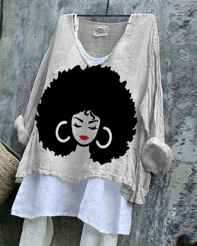 Afro Girl with Earrings Painting Linen Tunic Shirt