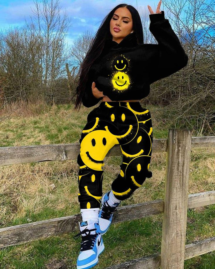 Cartoon Smiley Face Long Sleeve Hoodie Two Pieces Set