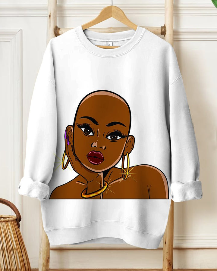 Women's Casual Fashion Afro Woman Hand In Face Prints Long-sleeved Sweatshirt