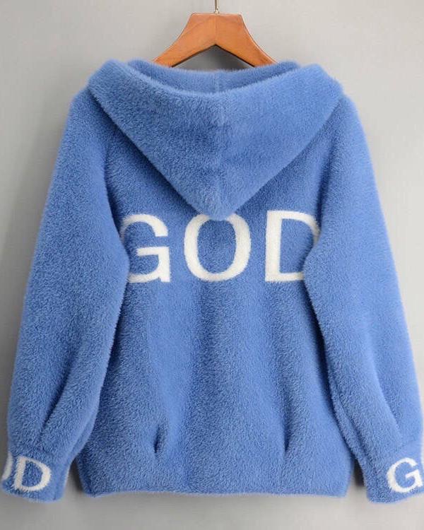 God Knitted Plush Hoodie Cardigan Jacket