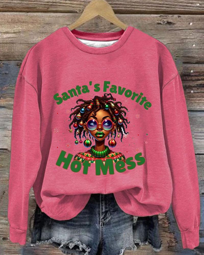 Women's Christmas Black Girl Santa's Favorite Hotmess Print Crew Neck Sweatershirts