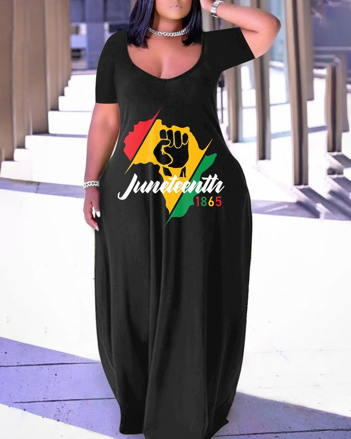 V-neck Juneteenth Black Power Pocket Maxi Dress