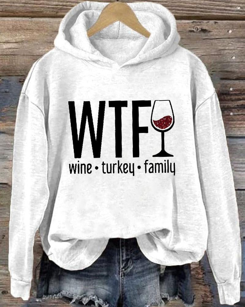 Women's Thanksgiving Wine Turkey Family Print Long Sleeve Hoodie With Pocket