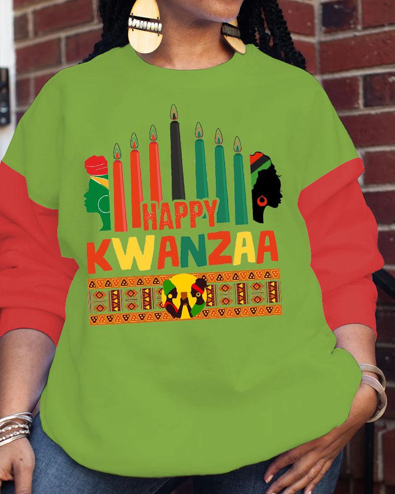 Women's Round Neck Happy Kwanzaa Printed Long Sleeve Sweatershirts