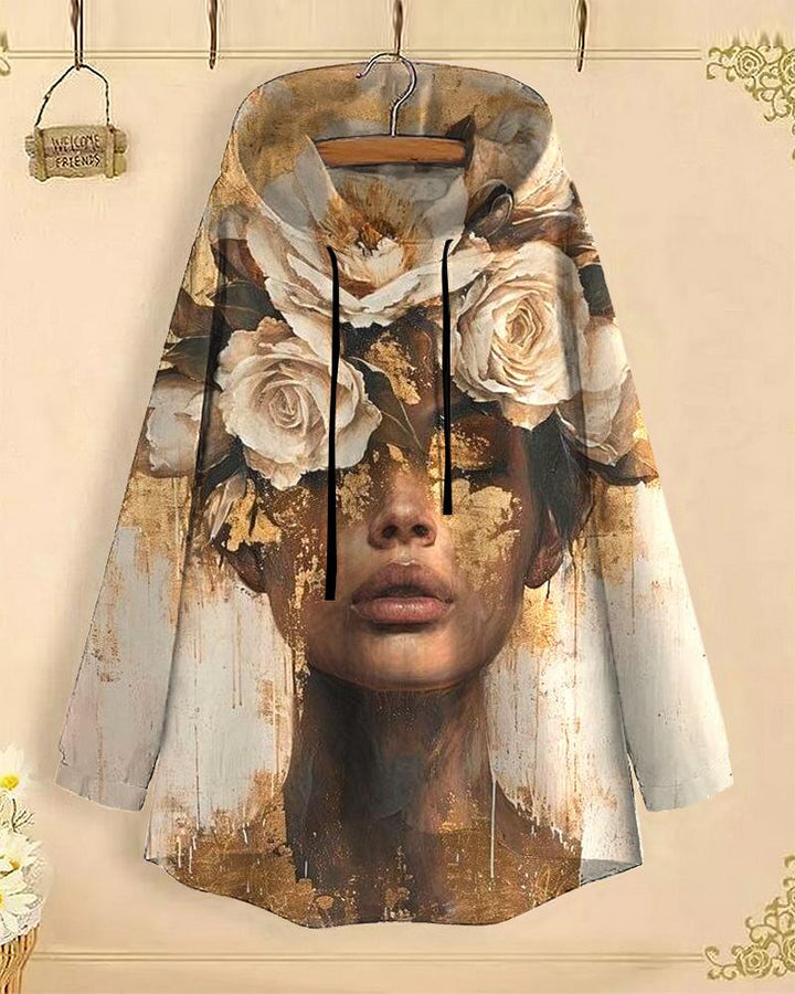 Artistic Flower Portrait Long-Sleeved with Loose Hem Hoodie