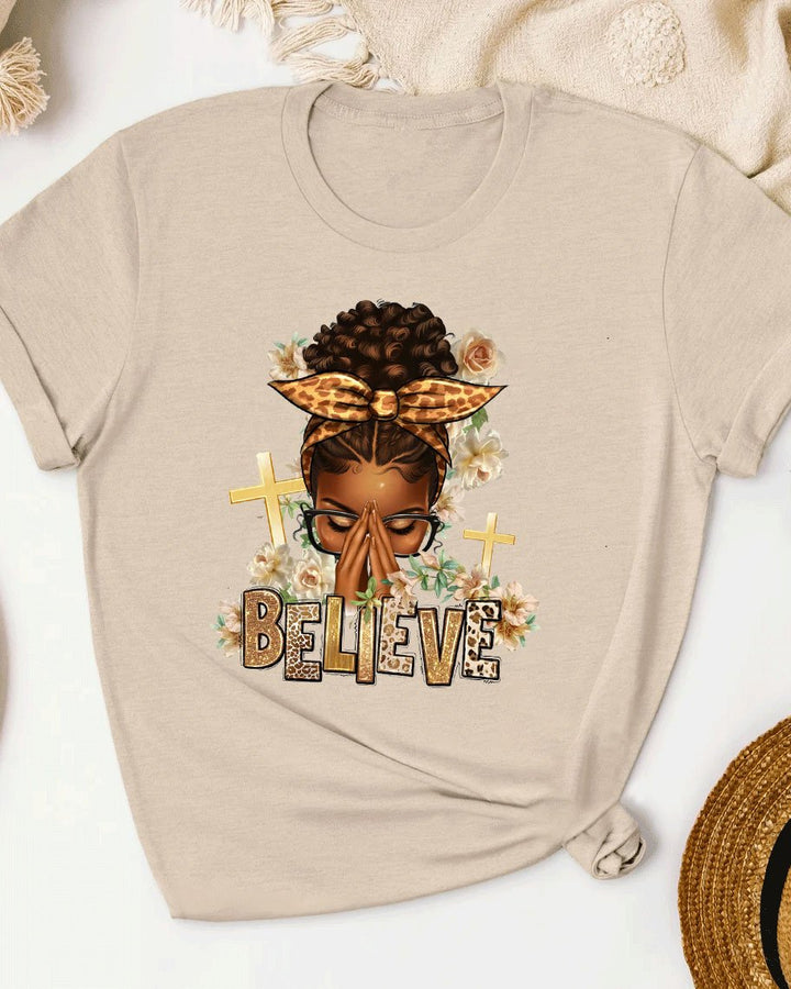 Believe Praying Afro Messy Bun Short Sleeve Tshirt