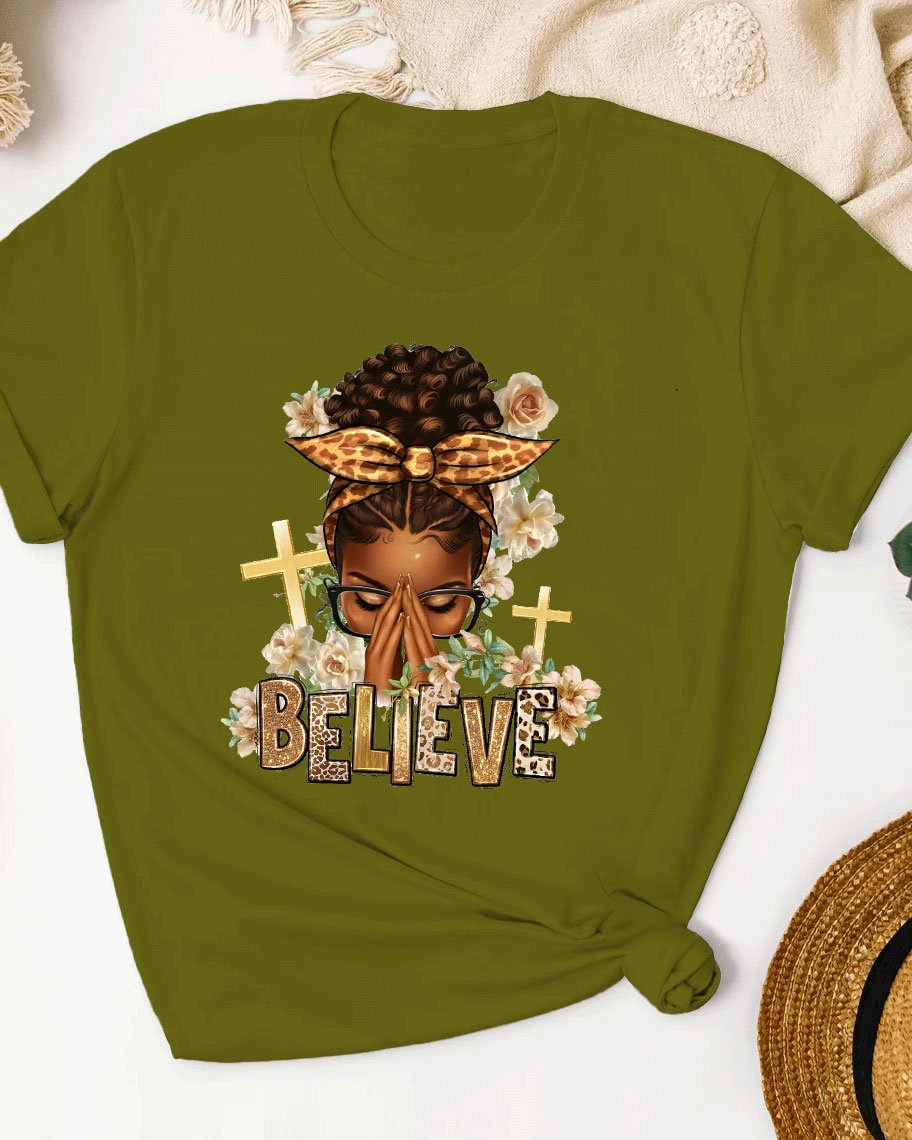 Believe Praying Afro Messy Bun Short Sleeve Tshirt