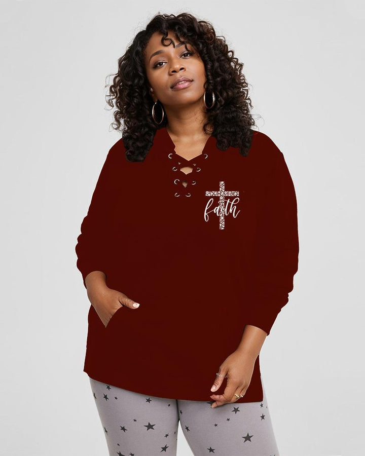 Cross Letter Print Lace Up Side Slit Hoodie