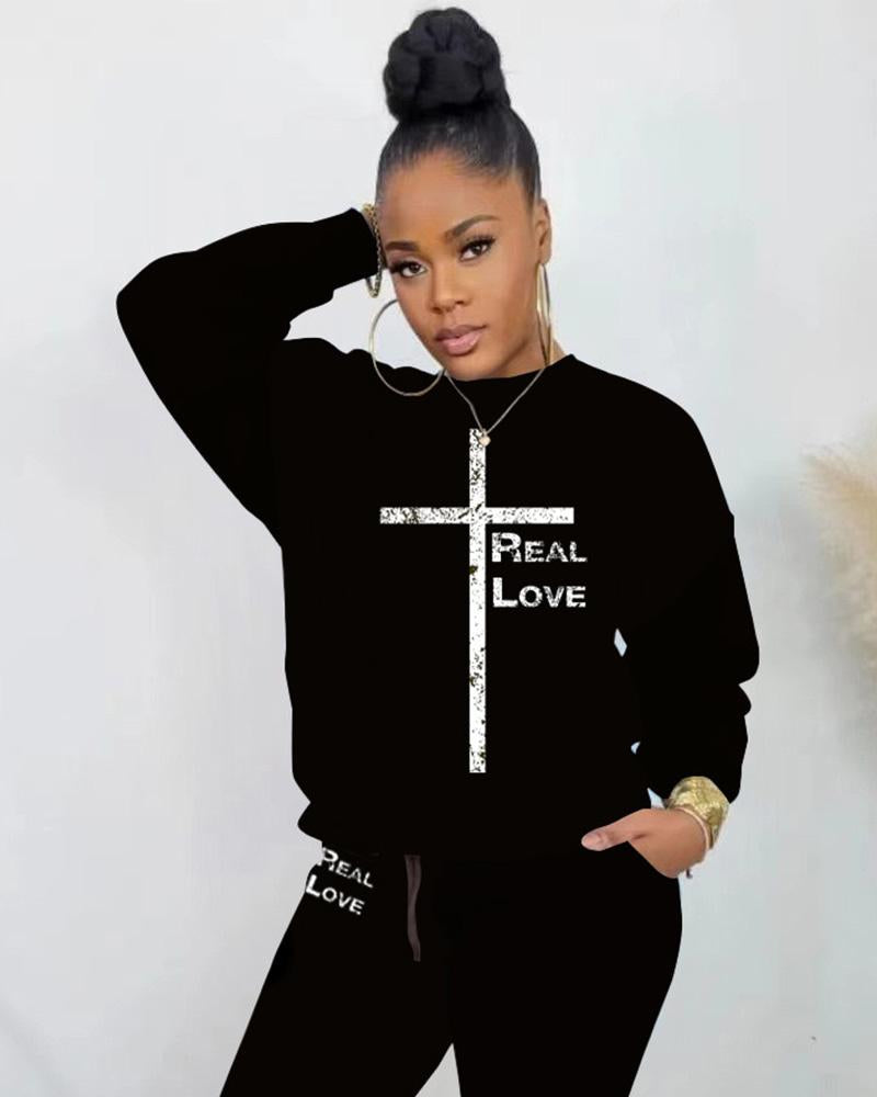 Real Love Long-Sleeved Crew Neck Sweatshirt and Letter Casual Pants