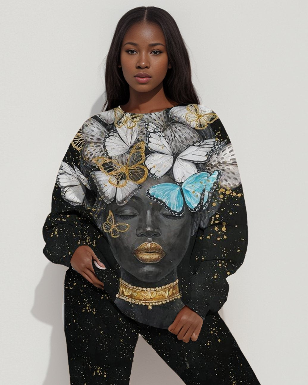 Butterfly And Black Girl Print Sweatshirt Two Pieces Set