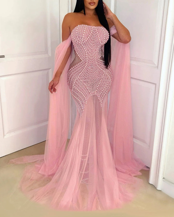 Fashionable High-end Sexy Pearl Tube Top Waist and Hip Mesh Party Long Dress