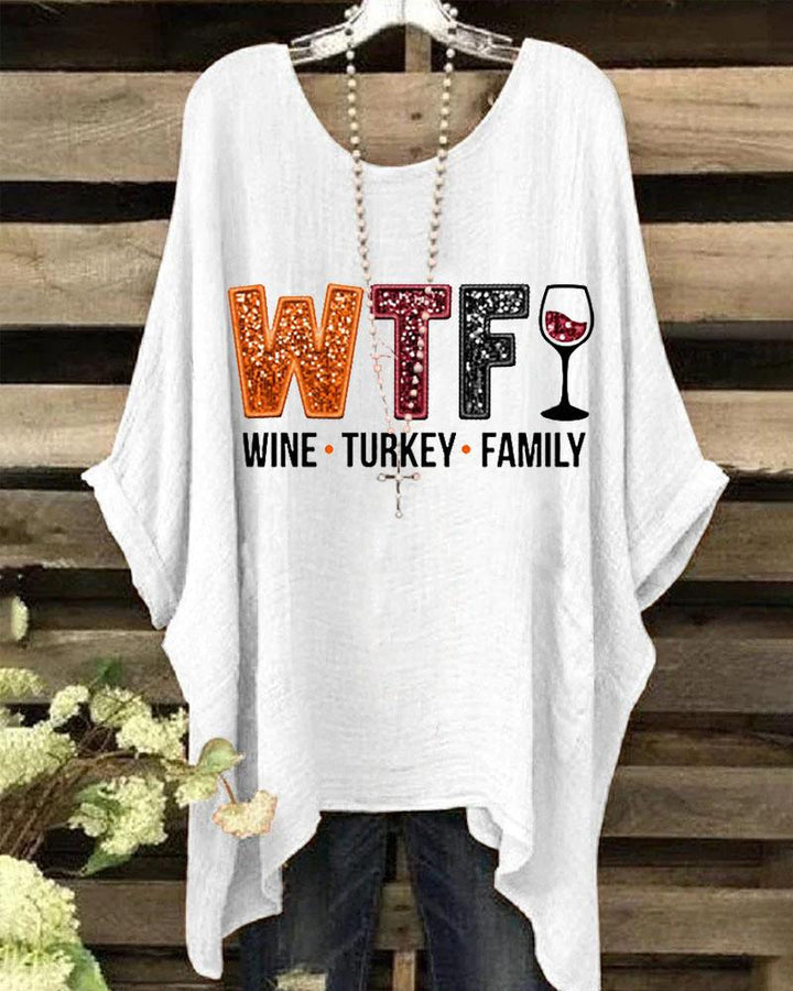 Women's Thanksgiving Wine Turkey Family Crewneck Batwing Sleeve Printed Blouse