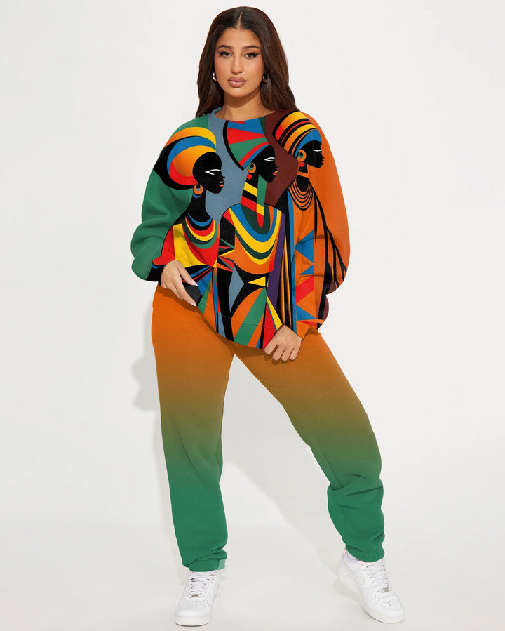 African Women Crew Neck Sweatshirt Two Pieces Set