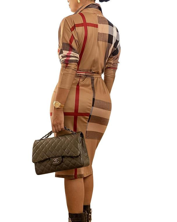 Fashionable Striped Tie-neck Mid-length Shirt Dress