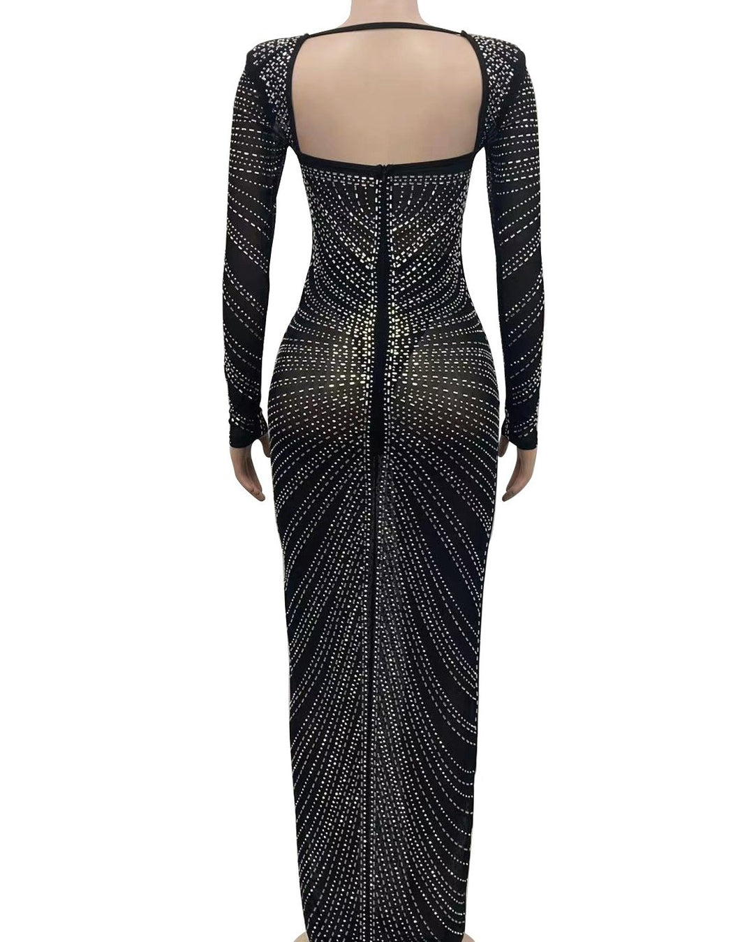 Women's Fashion Sexy Hot Diamond Mesh See-Through Party Long Sleeve Long Dress