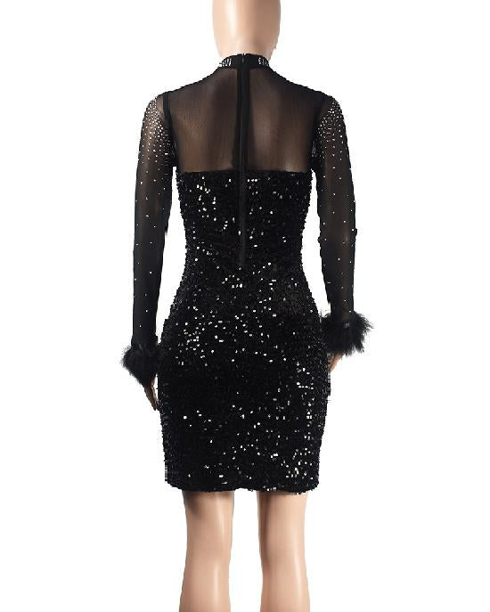 Women's Fashion Sexy Rhinestone Hip-Wrapped Feather Sequin Evening Party Long Sleeves Short Dress