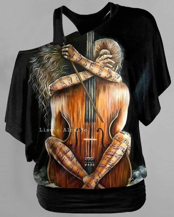 Artistic Painting of Woman Playing Violin Double Layer 2 Pieces Loose Top T-shirt