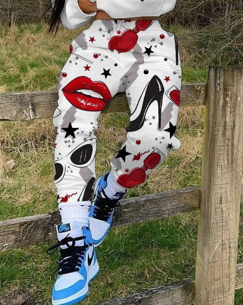 Girl Gang Lips Lipstick Long Sleeve Hoodie Two Pieces Set