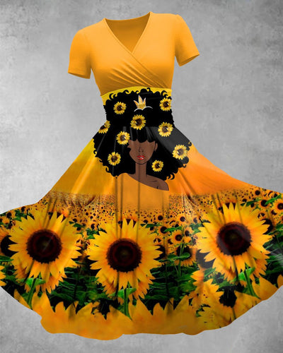 V Neck Afro Girl Sunflower Maxi Dress