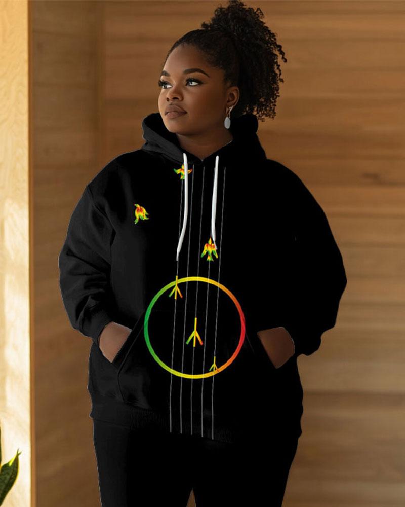 Gradient Peace & Music Print Long Sleeve Hoodie Two Pieces Set