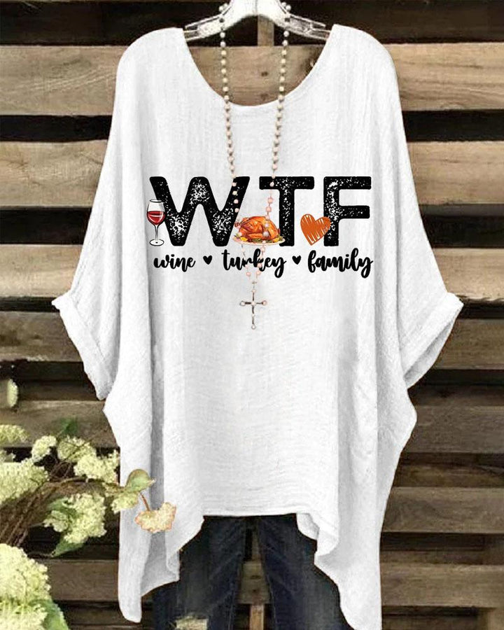 Thanksgiving Wine Turkey Family Crewneck Batwing Sleeve Printed Blouse