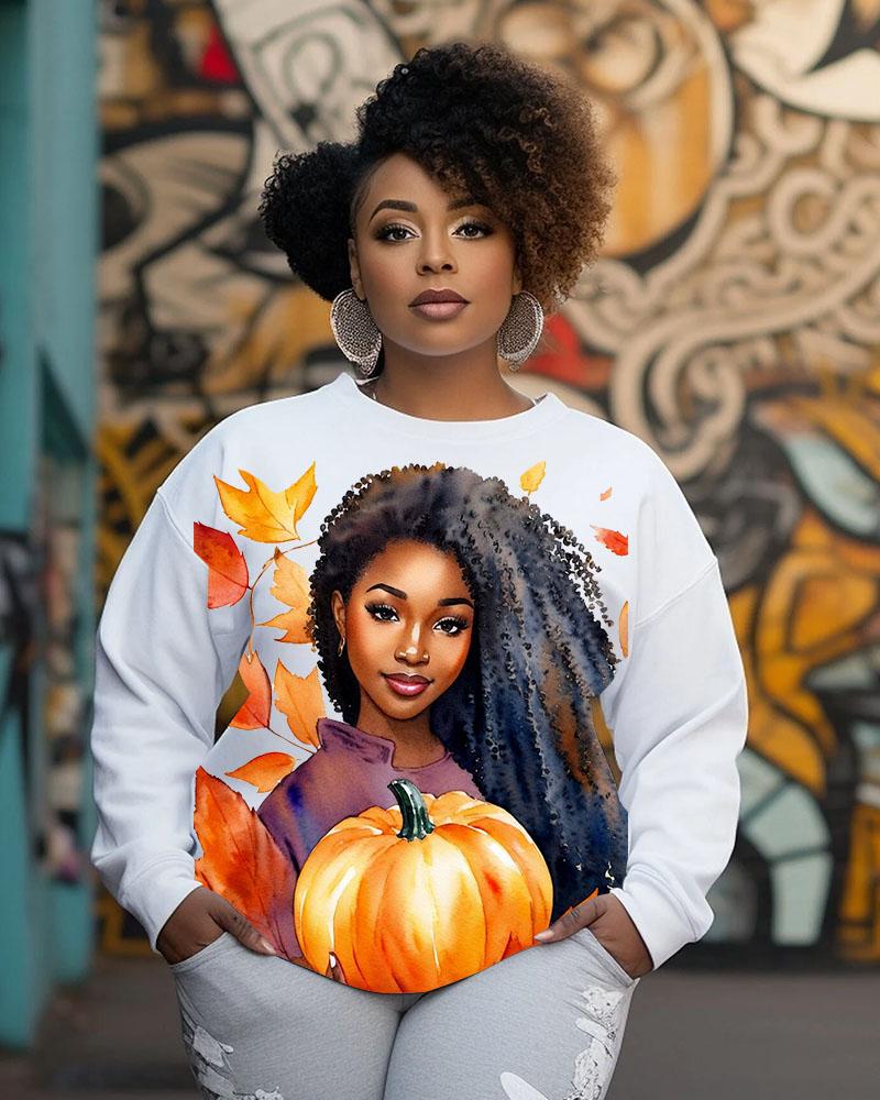 Women's Round Neck Thanksgiving Pumpkin Black Girl Printed Long Sleeve Sweatshirts