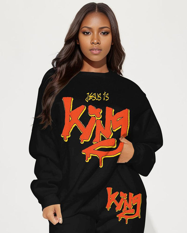 God is King Print Long Sleeve Sweatshirt Two Pieces Set