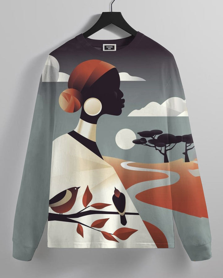 African Tribal Women Illustration Crew Neck Long Sleeve T-shirt