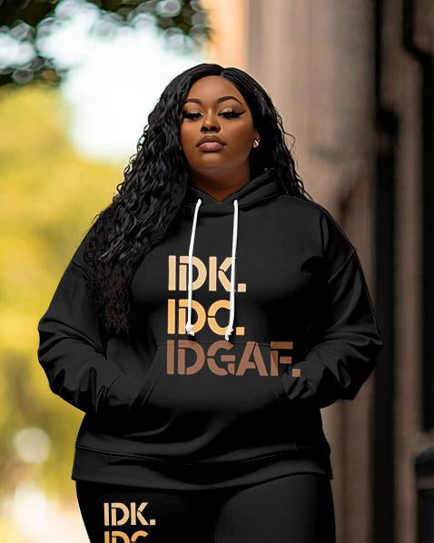 Fashion Simple IDK IDC IDGAF Letter Print Long Sleeve Hoodie Two Pieces Set