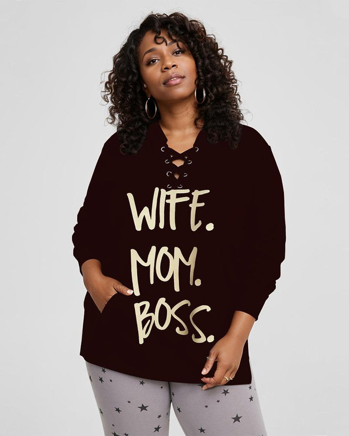 Wife Mom Boss Lace Up Side Slit Hoodie