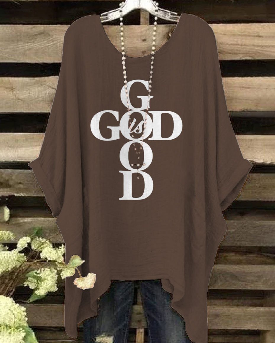 Women's Fashion God is Good Print Irregular Shirt