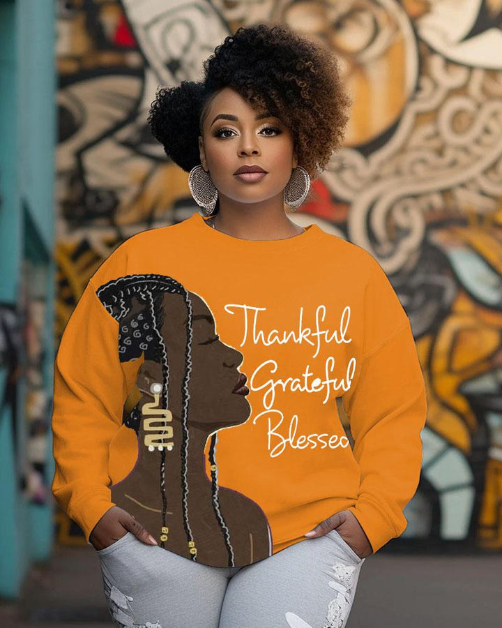 Women's Crewneck Black Girl Thanksgiving Day Slogan Thankful Grateful Blessed Print Long Sleeve Sweatshirts