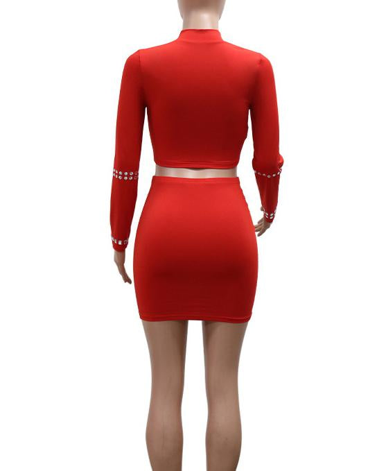 Women's Fashion Sexy Hot Diamond Round Neck Short Top Hip Skirt Two-Piece Suit