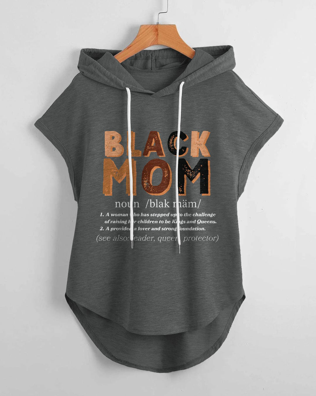 Black Mom Hem Drawstring Hooded Tee