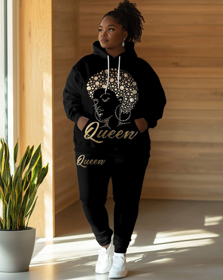 Shiny Afro Queen Print Long Sleeve Hoodie Two Pieces Set