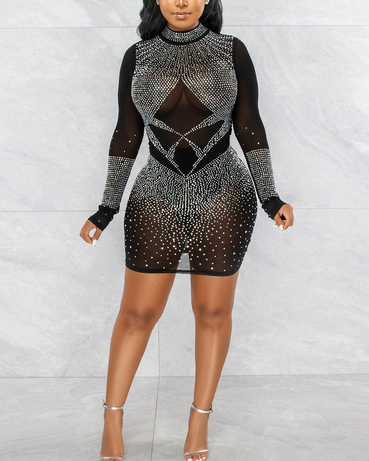 Fashionable Pure Color Sexy Tight Mesh Hot Diamond See-through Hip Dress