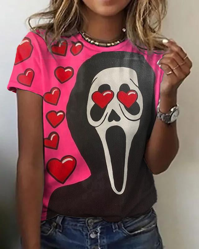 Halloween Heart Skull Print Crew Neck Short Sleeve Shirt