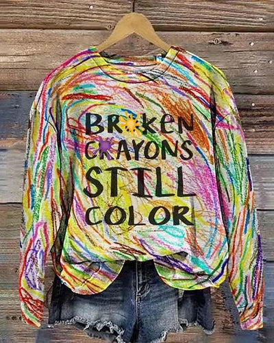 Comstylish Broken Crayons Still Color Print Round Neck Long Sleeve Sweatshirt
