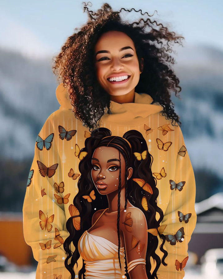 Women's Butterfly Oil Painting Art Black Girls Long Sleeve Hoodie