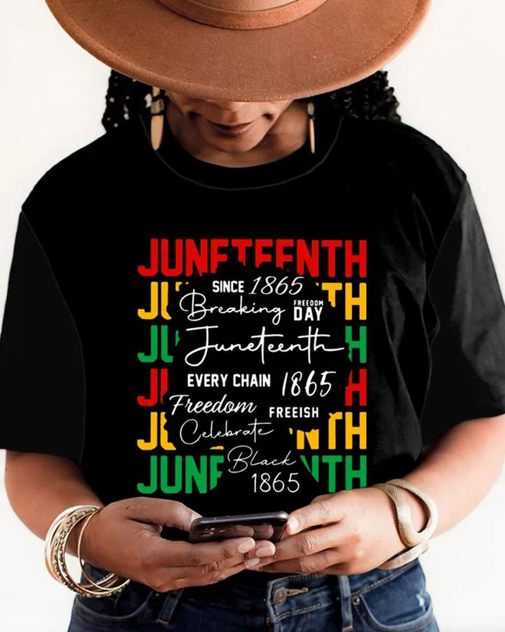 Black juneteenth letter contrast color casual print short-sleeved ladies T-shirt