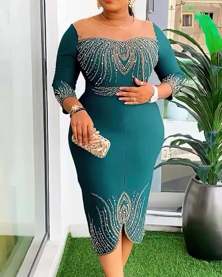 Women's Plus Size Mid-Length Sleeve Beaded Hot-Drilled Party Fashion Evening Dress