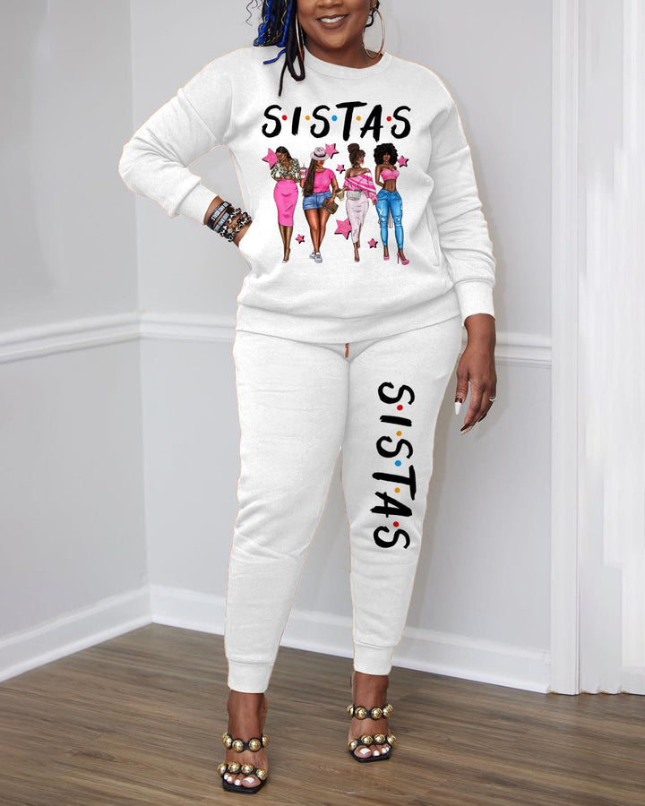 Black Girl Sisters Long-Sleeved Crew Neck Sweatshirt Two Pieces Set