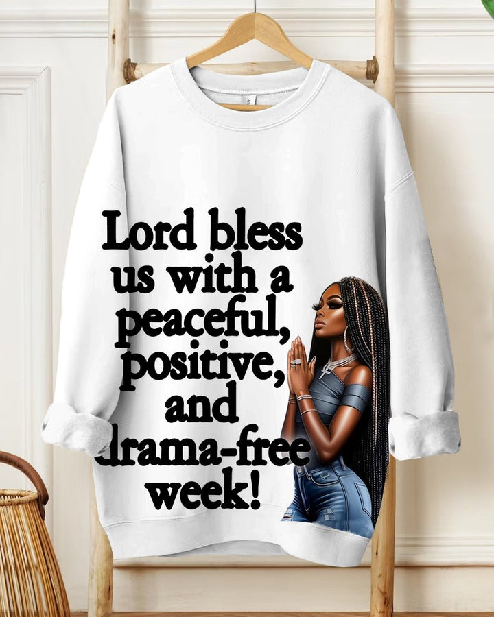 Fashion Lord Bless Us With A Peaceful Positive Cartoon Print Long Sleeve Sweatshirt