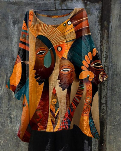 Black Girl Thinking Oil Painting Linen Tunic Shirt