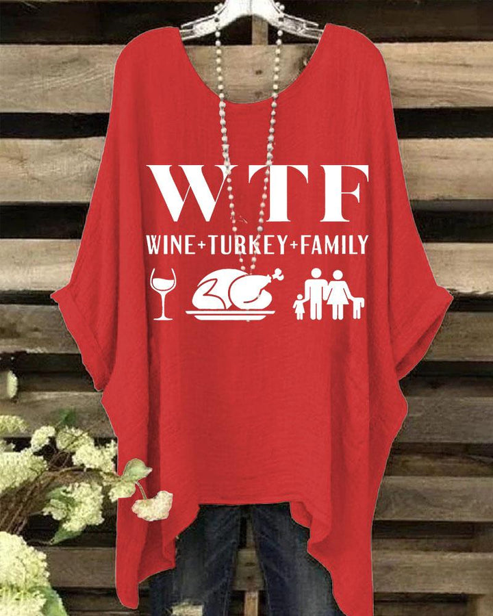 Women's Thanksgiving Wine Turkey Family Crewneck Batwing Sleeve Printed Blouses